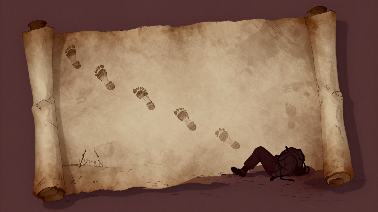 Illustration of an ancient scroll covered with numerous footprints, with a faint silhouette of a traveler who has lost their way.