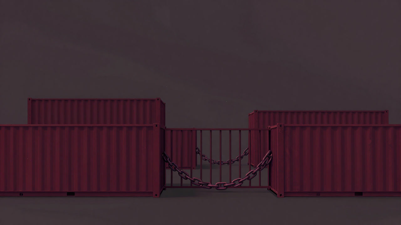 貨物コンテナが巨大な鎖に繋がれ、市場へ出ることを拒まれたイメージ