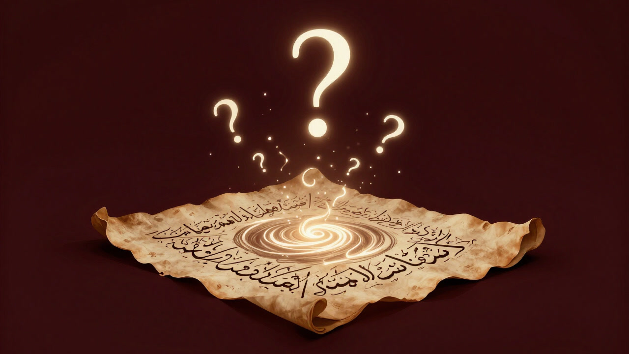 古い羊皮紙に書かれた文字が蠢き、読者の疑問を吸い込むように渦巻く絵画風のイメージ