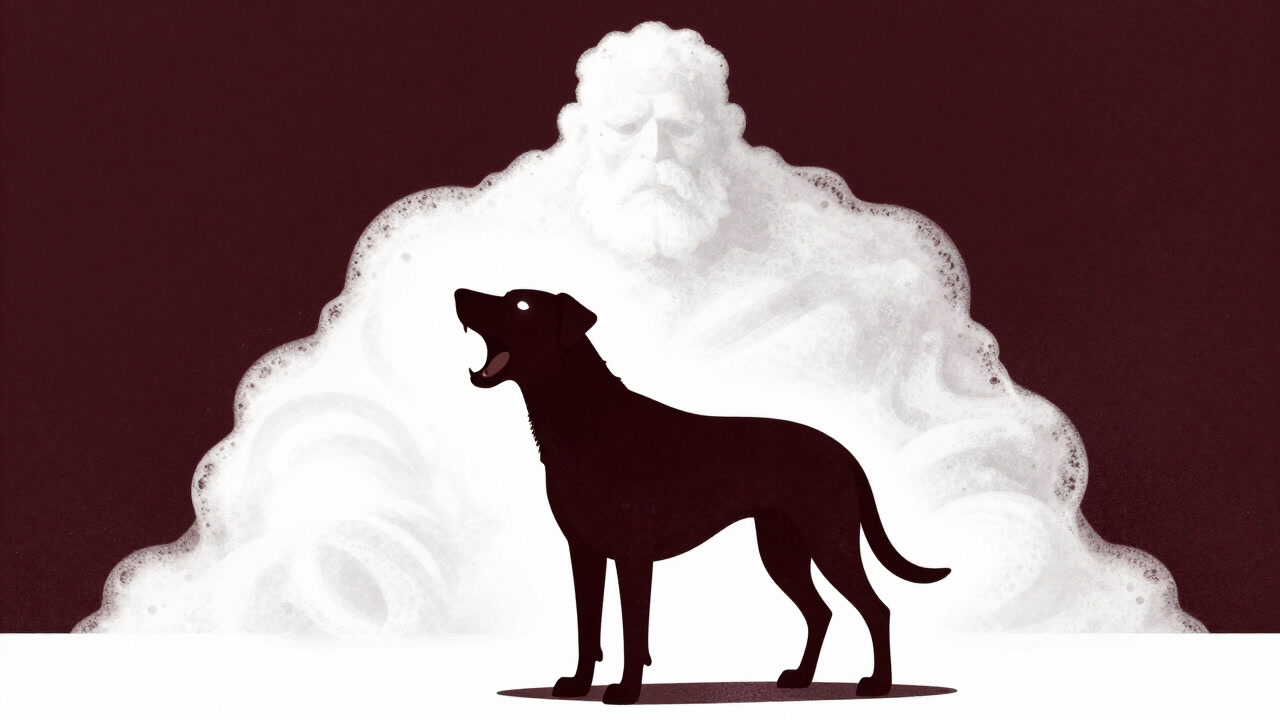 暗がりで牙を剥き出しにした犬のシルエットと、背後に浮かぶ泡のモンスターのイラスト