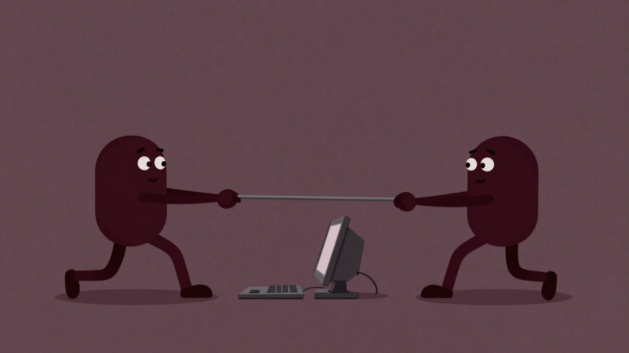 A comedic illustration of two anthropomorphized processes tugging at the same resource