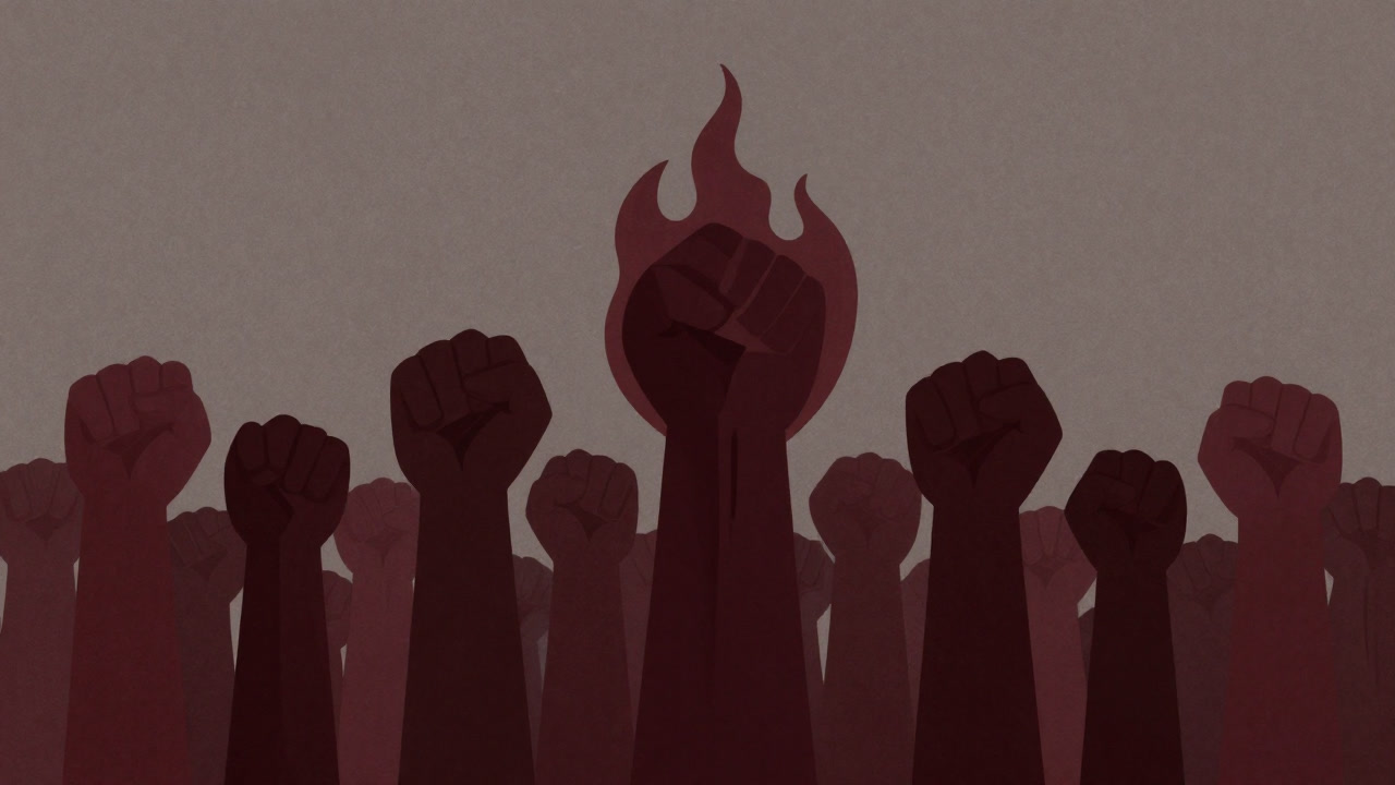 Abstract illustration of a crowd wearing flames and marching with raised fists