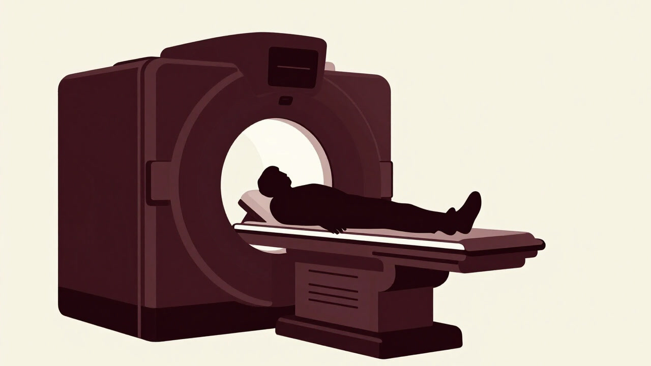 Silhouette of a patient lying in a linear accelerator machine, staring blankly at the ceiling