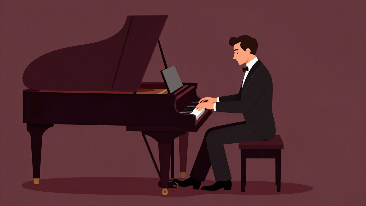 Illustration of an early 1900s salon where a gentleman at the piano dances his fingers to a complex rhythm