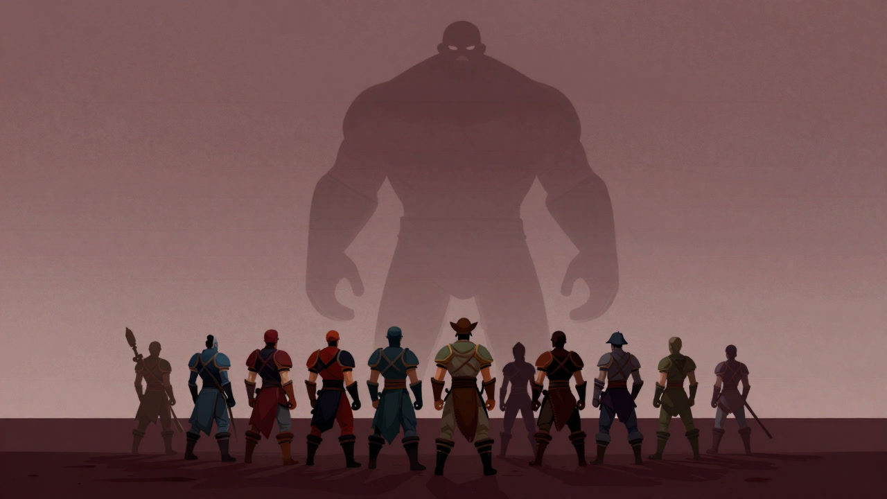 Illustration of several player avatars gathering against a distant massive boss, depicting a raid party scene