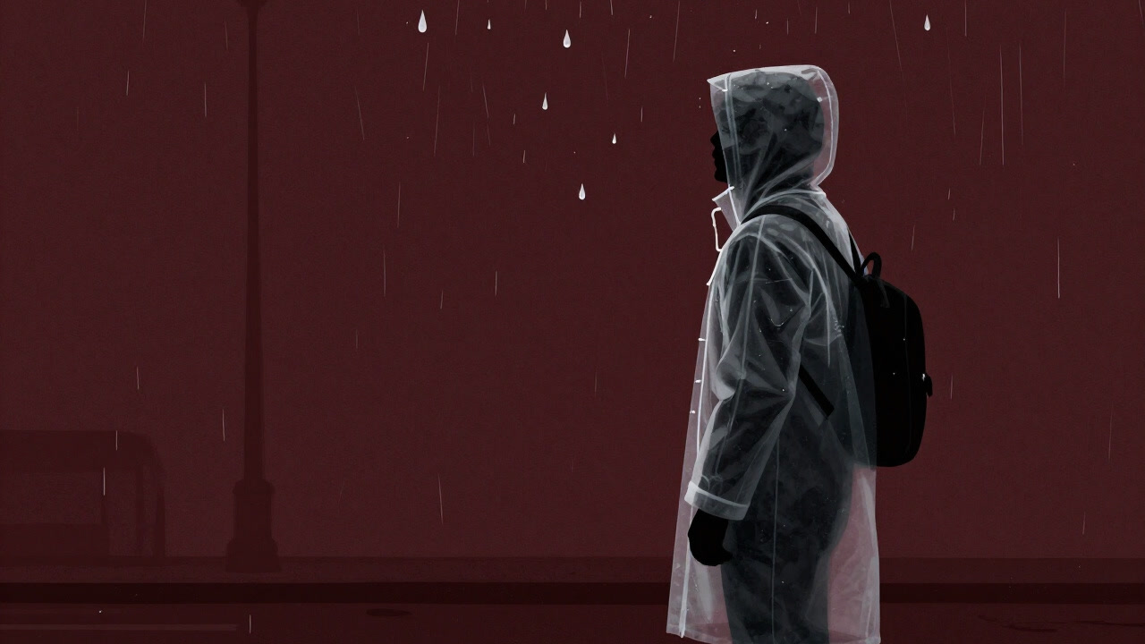 透明ビニール越しに滴る雨粒を見つめる人のシルエット