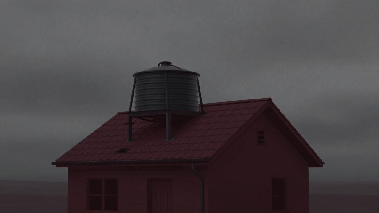 An unblinking house under a gray sky, accepting dripping rainwater into a tank installed on its roof.