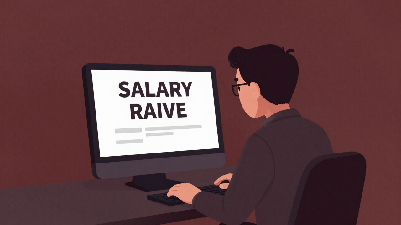 Illustration of an employee staring at a raise notification, showing a mix of hope and apprehension.