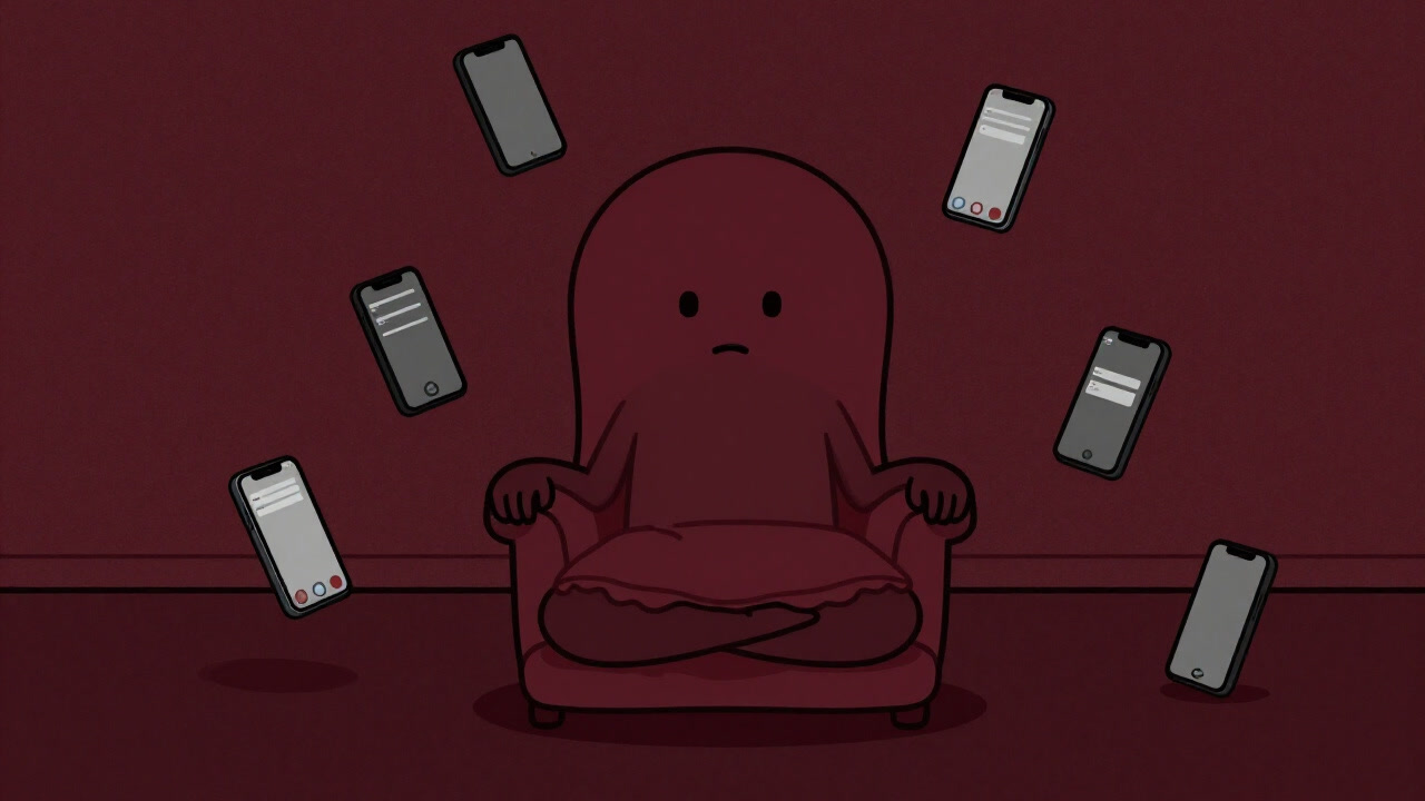 乱雑な部屋で王座型クッションを抱え、スマホ通知に怯える瞑想者のイラスト