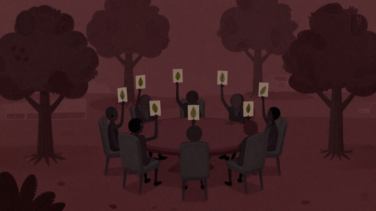 Illustration of trees holding a majority-vote feast over a sea of data representing a random forest
