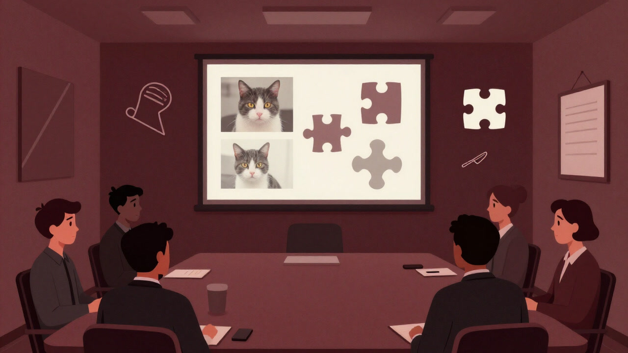 Participants in a conference room surrounded by cat videos and puzzles, looking confused.
