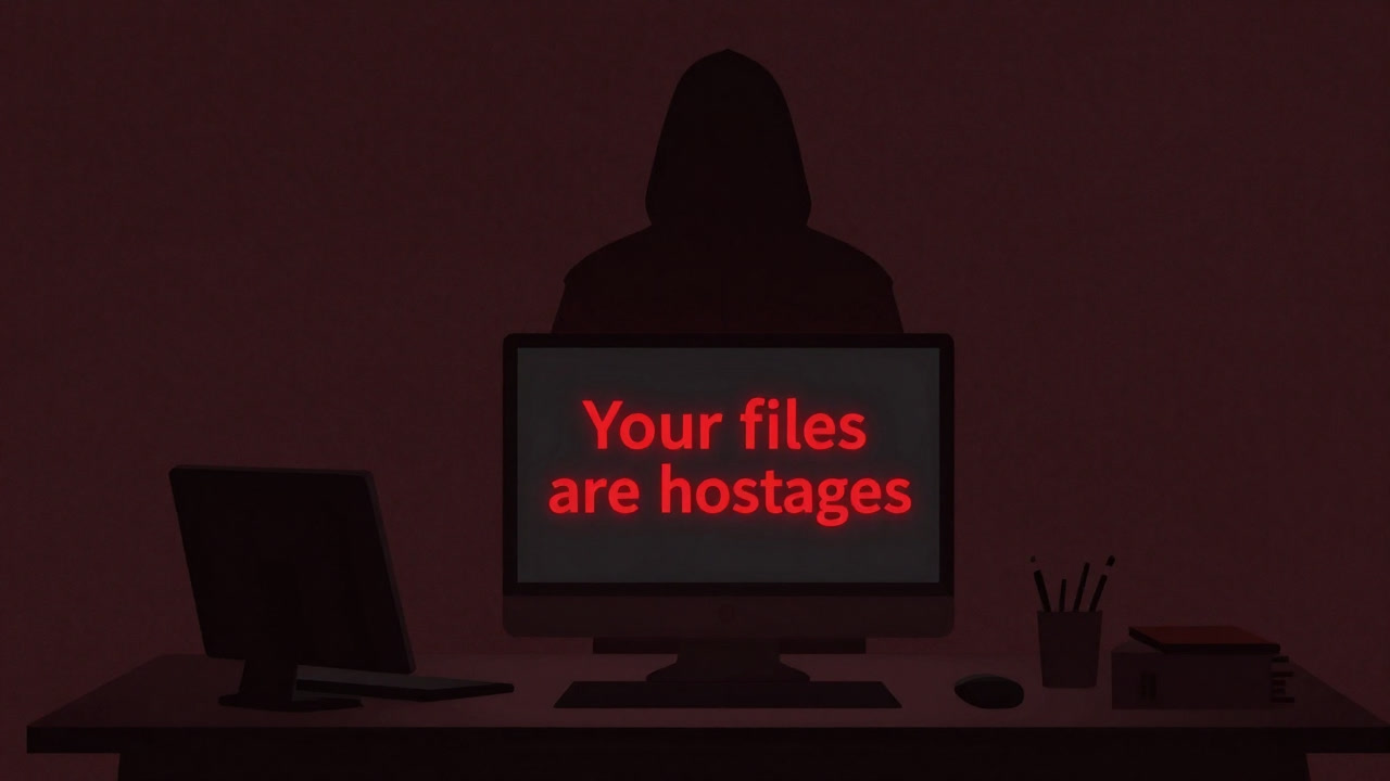 A dark office computer screen displays 'Your files are hostages' in red, with a silhouetted hacker laughing in the background
