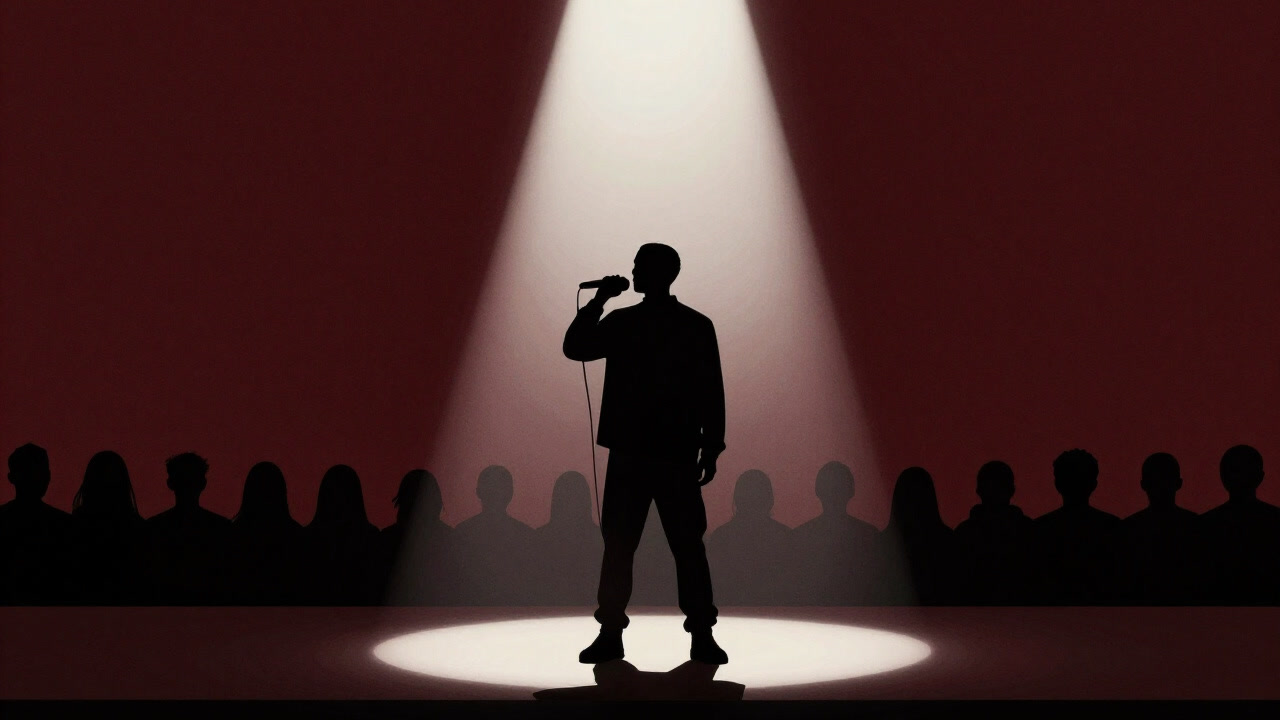 ステージ上でスポットライトに照らされ、背景で観客のシルエットに囲まれてマイクを握るラッパーのイラスト