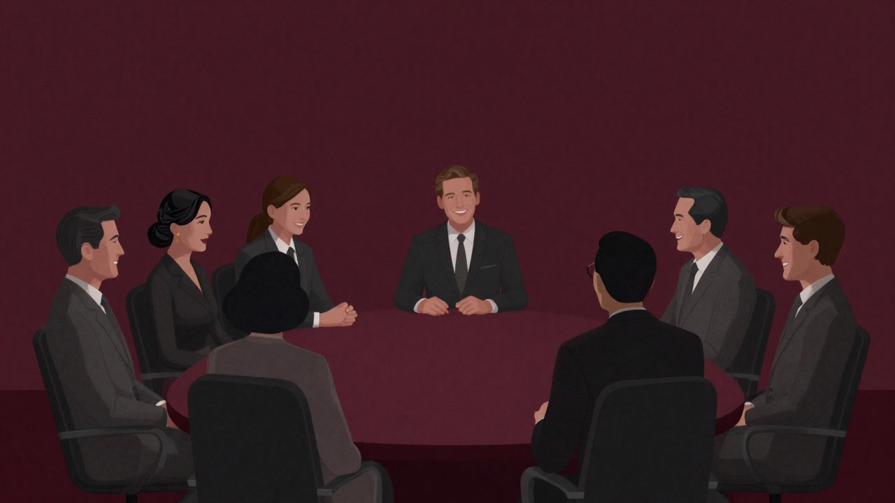 会議室のテーブルに向かい合い、不自然な笑顔で頷き合うビジネスマンたちのイラスト