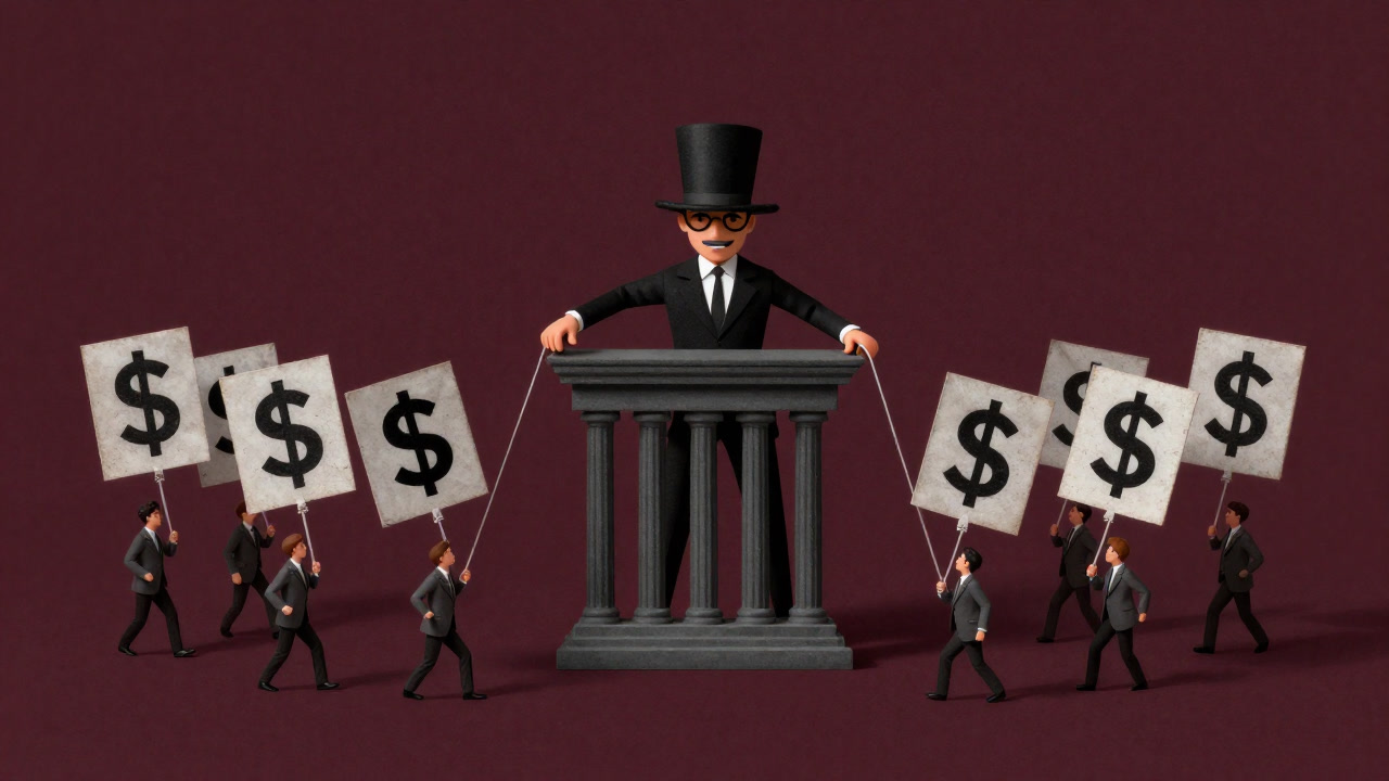 Illustration of a central bank puppet show whipping consumers with high interest rates