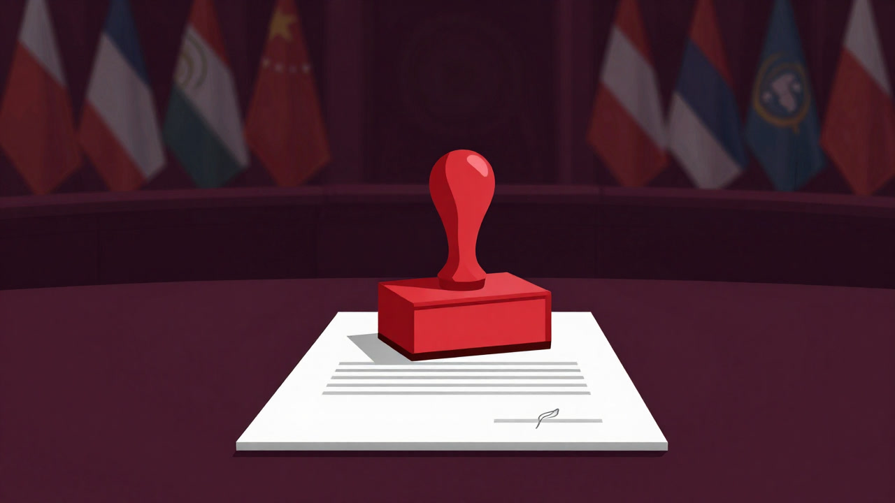 議場のテーブルに条約書と大きなハンコが置かれ、国旗が背景に並ぶ光景を暗喩的に示すイラスト