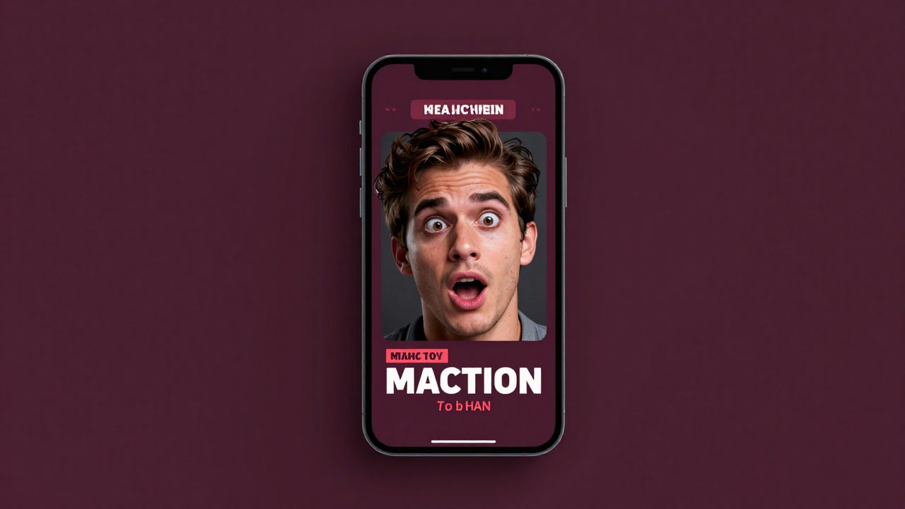 スマートフォンの画面に映る派手な表情と背景にリアクション動画のタイトルが浮かぶイラスト