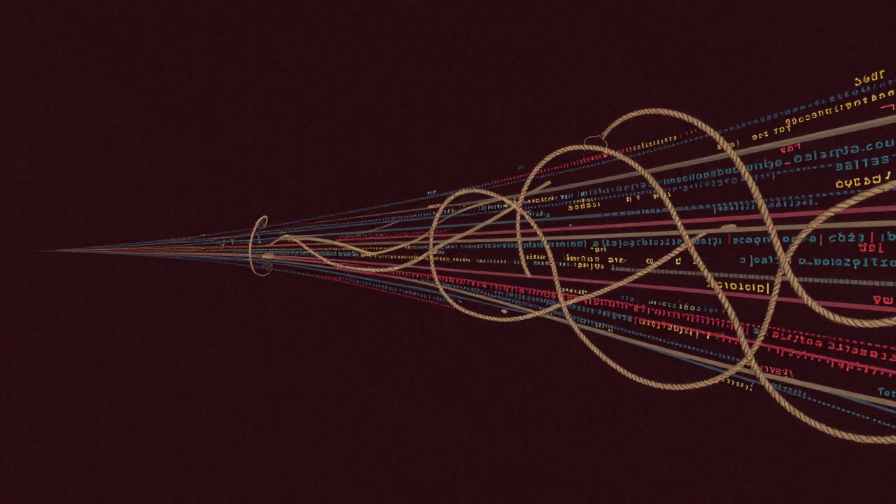 Illustration of code tangled by multiple colorful data streams