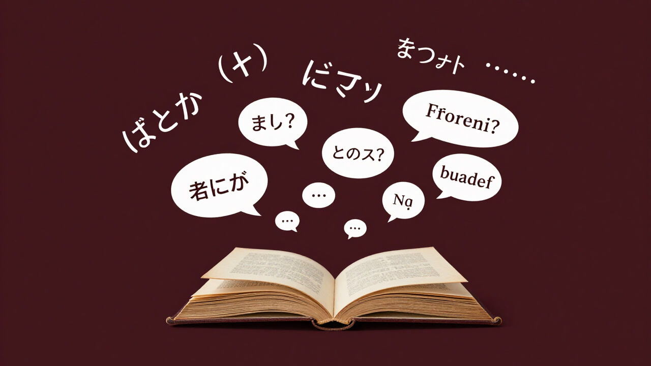 A surreal illustration of old book pages overlaid with swirling speech bubbles and reaction words like a storm.