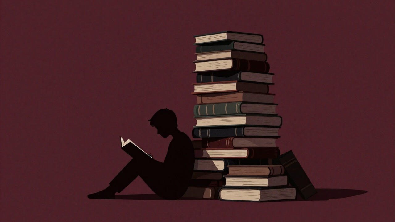 Silhouette of a person engrossed in reading before a towering pile of books