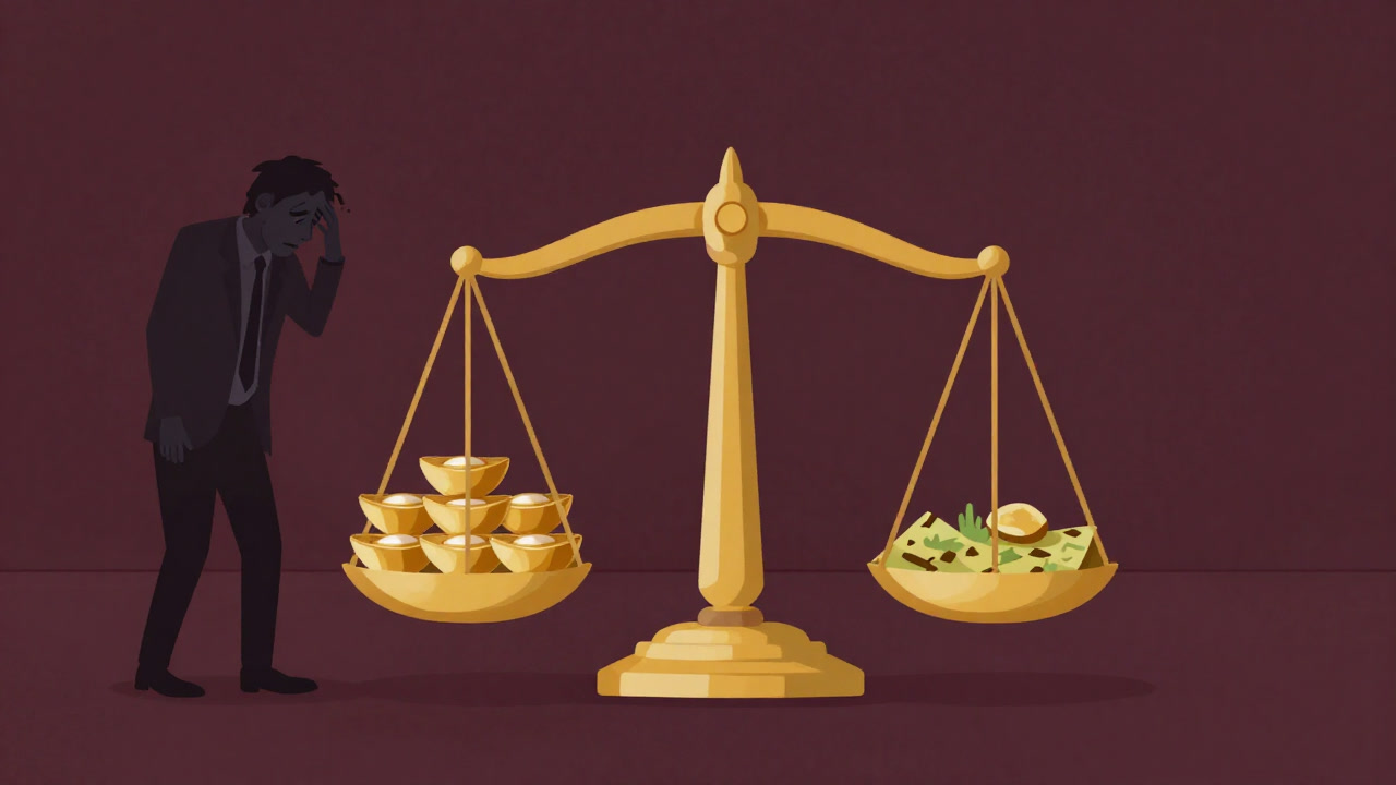 金属塊と土地の断片が天秤にかけられ、悩ましげな表情の投資家のシルエットが背景に浮かぶイメージ
