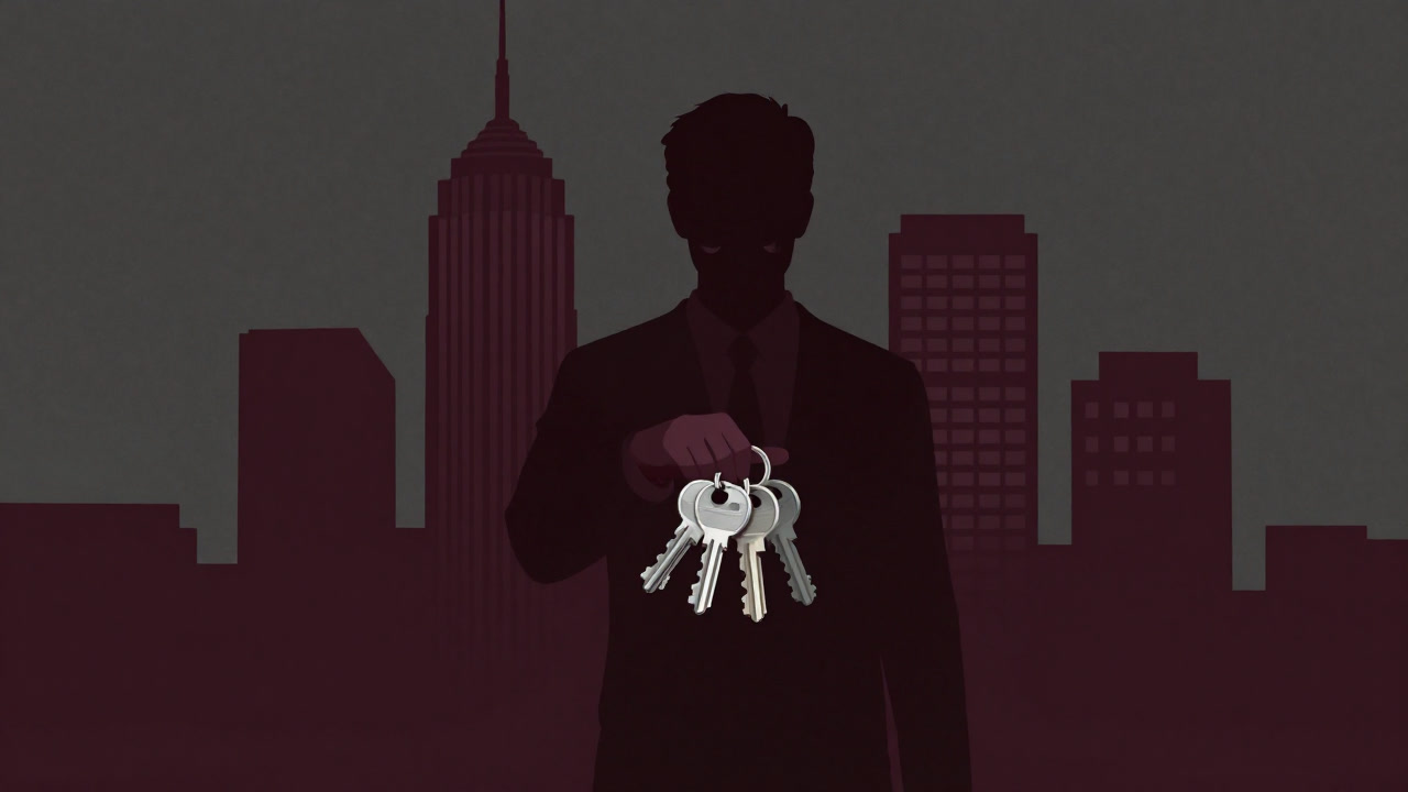 Silhouette of an investor holding a bunch of keys, standing blankly against a backdrop of skyscrapers
