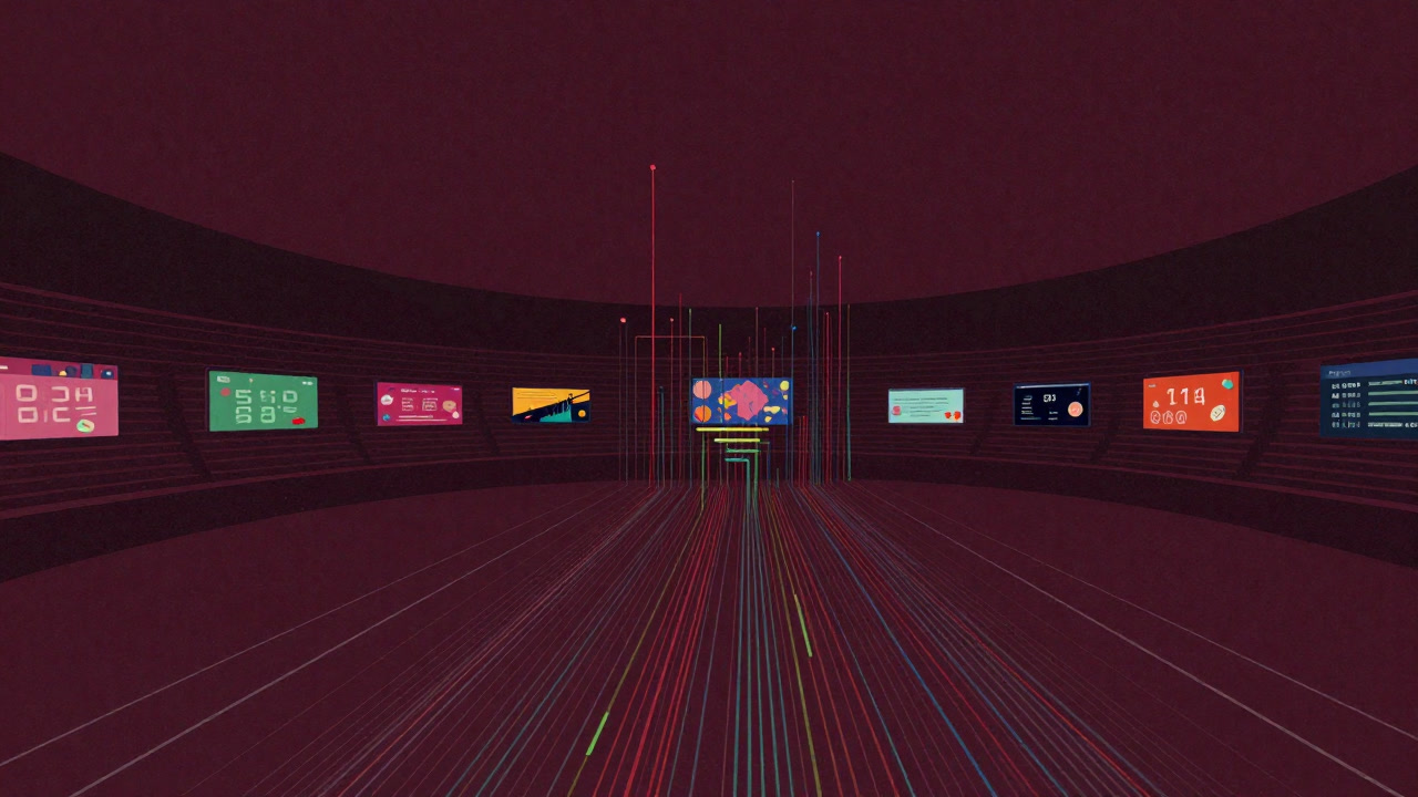 Abstract illustration of an electronic arena where colorful data streams intersect as ads fiercely bid against each other.