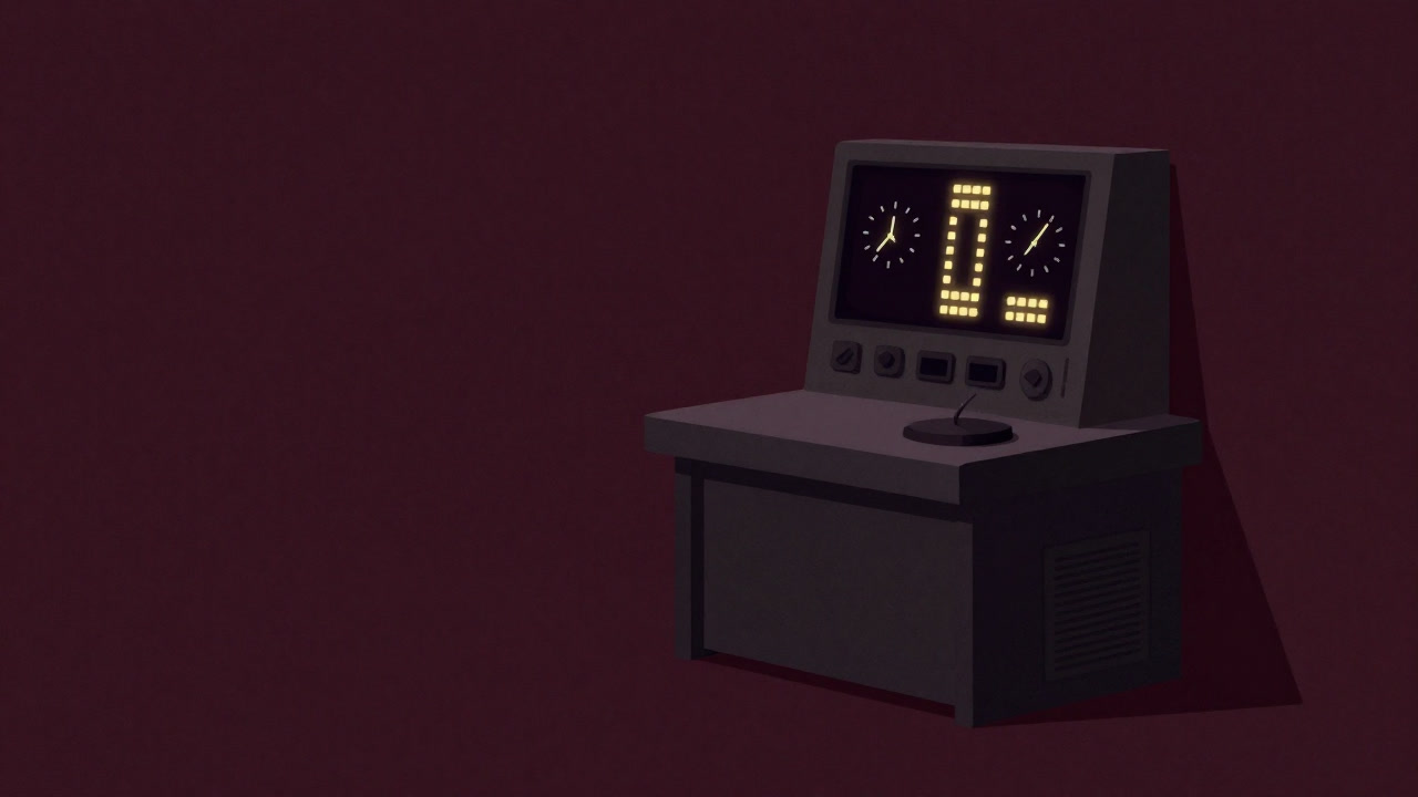 Illustration of a real-time control device blinking LEDs as if chased by clocks in a dark factory corner.