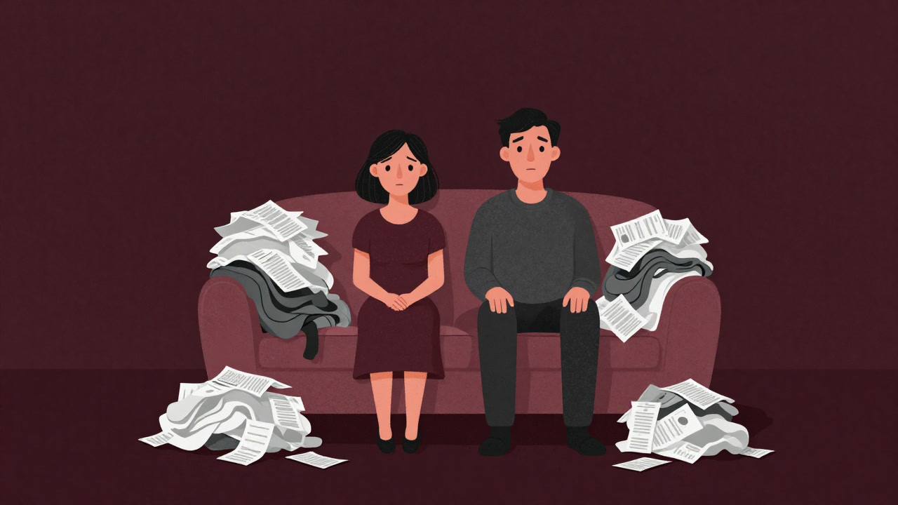 洗濯物や請求書に囲まれ、呆然とした表情でソファに座るカップルのイラスト
