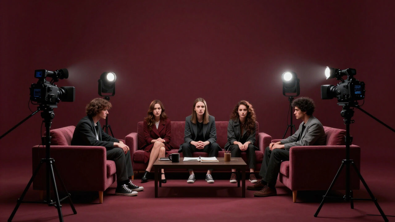 Participants nervously standing in a living room around cameras