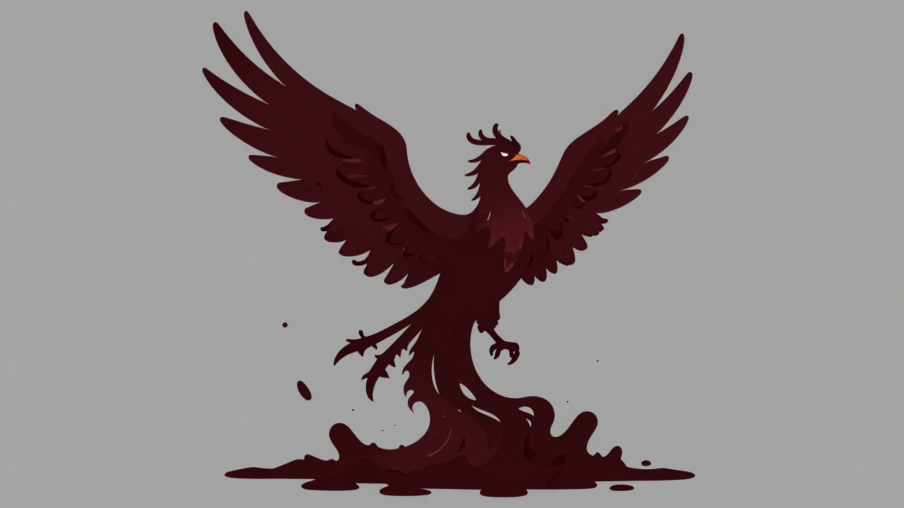 Silhouette of a phoenix spreading decayed wings against a gray background, attempting to take flight.