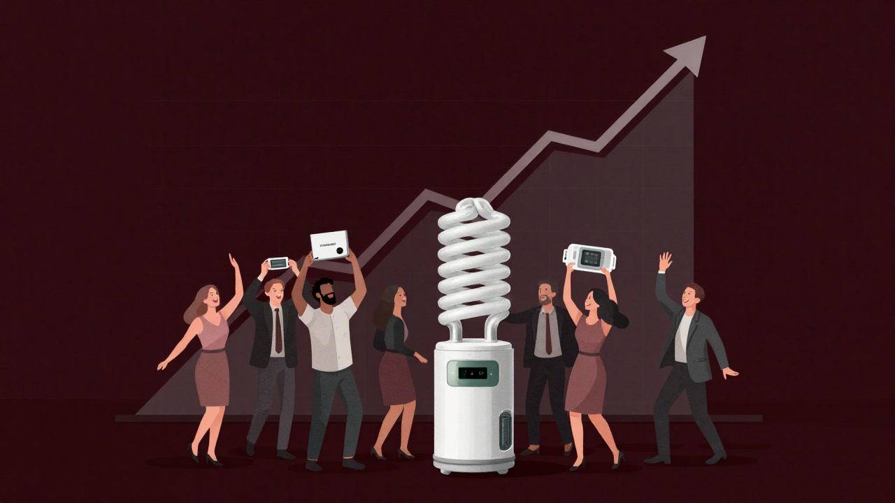 Illustration of people smiling innocently in front of a graph showing skyrocketing consumption.