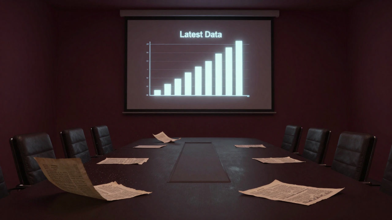 会議室のスクリーンに映る最新のグラフが強烈な光を放ち、後ろの古い資料が崩れかけているイメージ