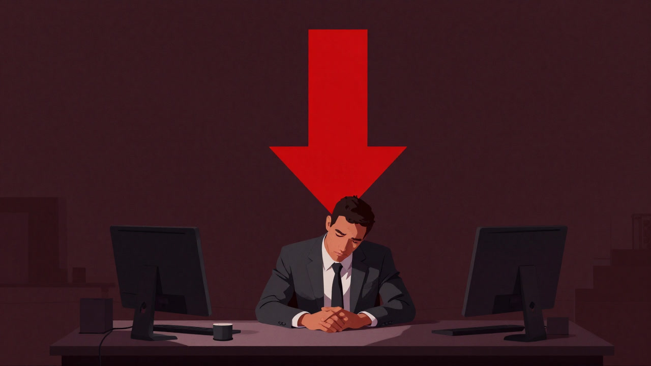 A weary businessman sitting in a dimly lit office, backed by a large downward arrow