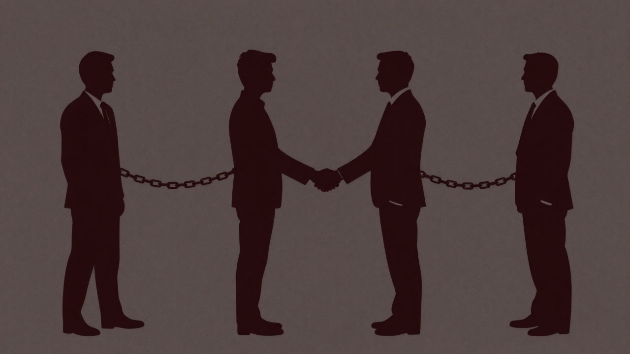 Silhouettes of people shaking hands, secretly connected by invisible chains.