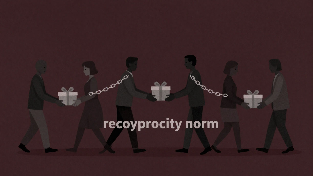 People connected by chains labeled 'reciprocity norm', expressionless, exchanging gifts