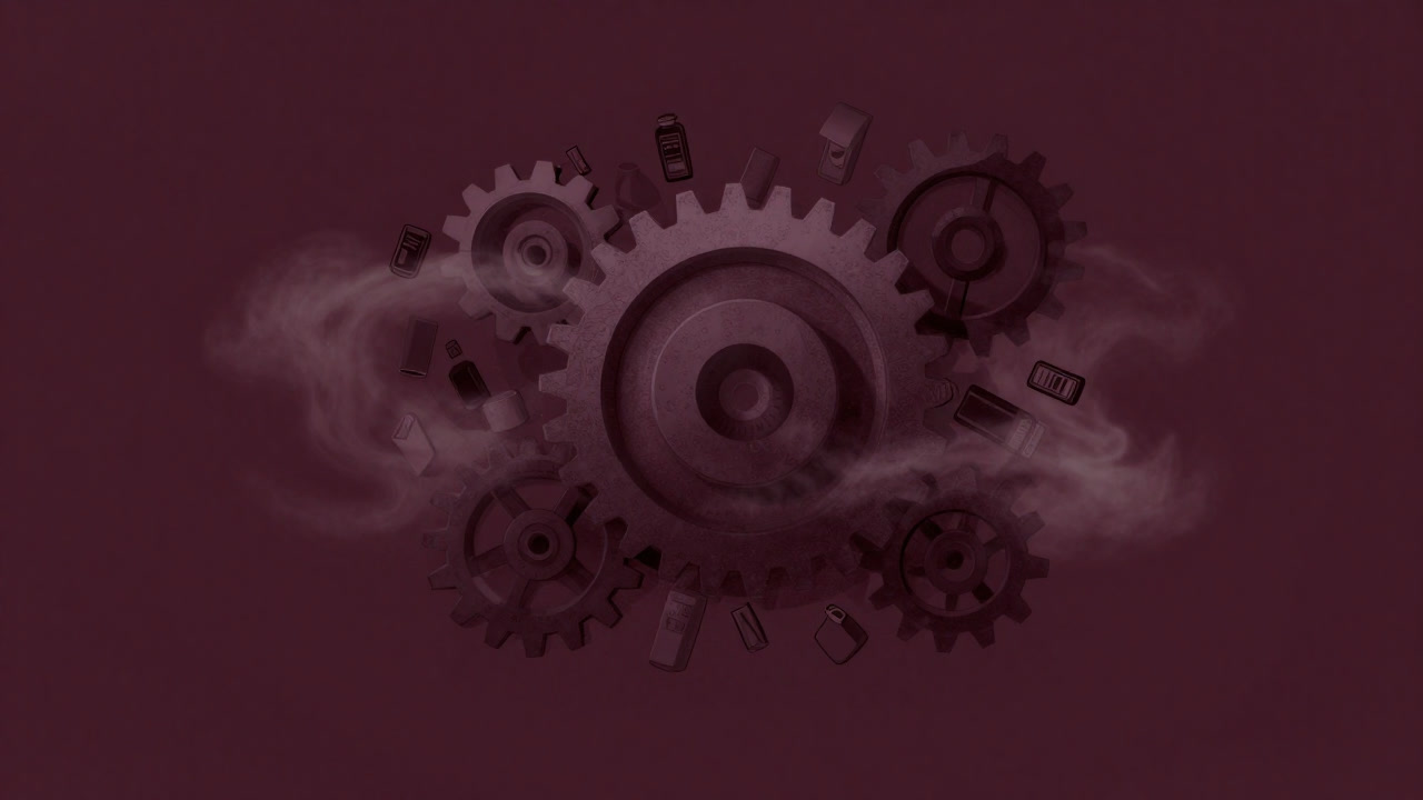 A monochrome illustration of a recommendation engine standing at the center of massive gears, surrounded by a black mist of countless items swirling around.