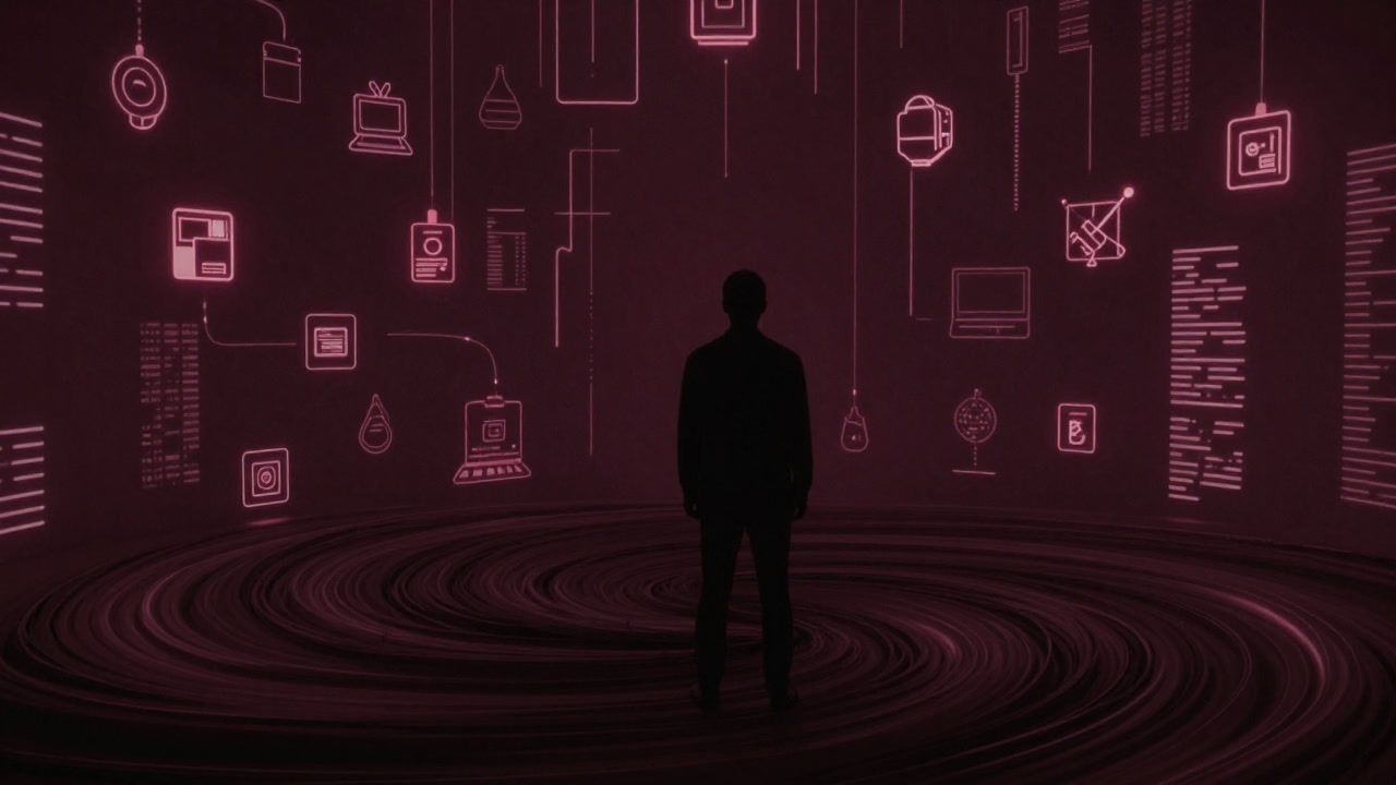Silhouette of a person standing in a swirling digital sea of countless items, with algorithm-like glowing cables in the background