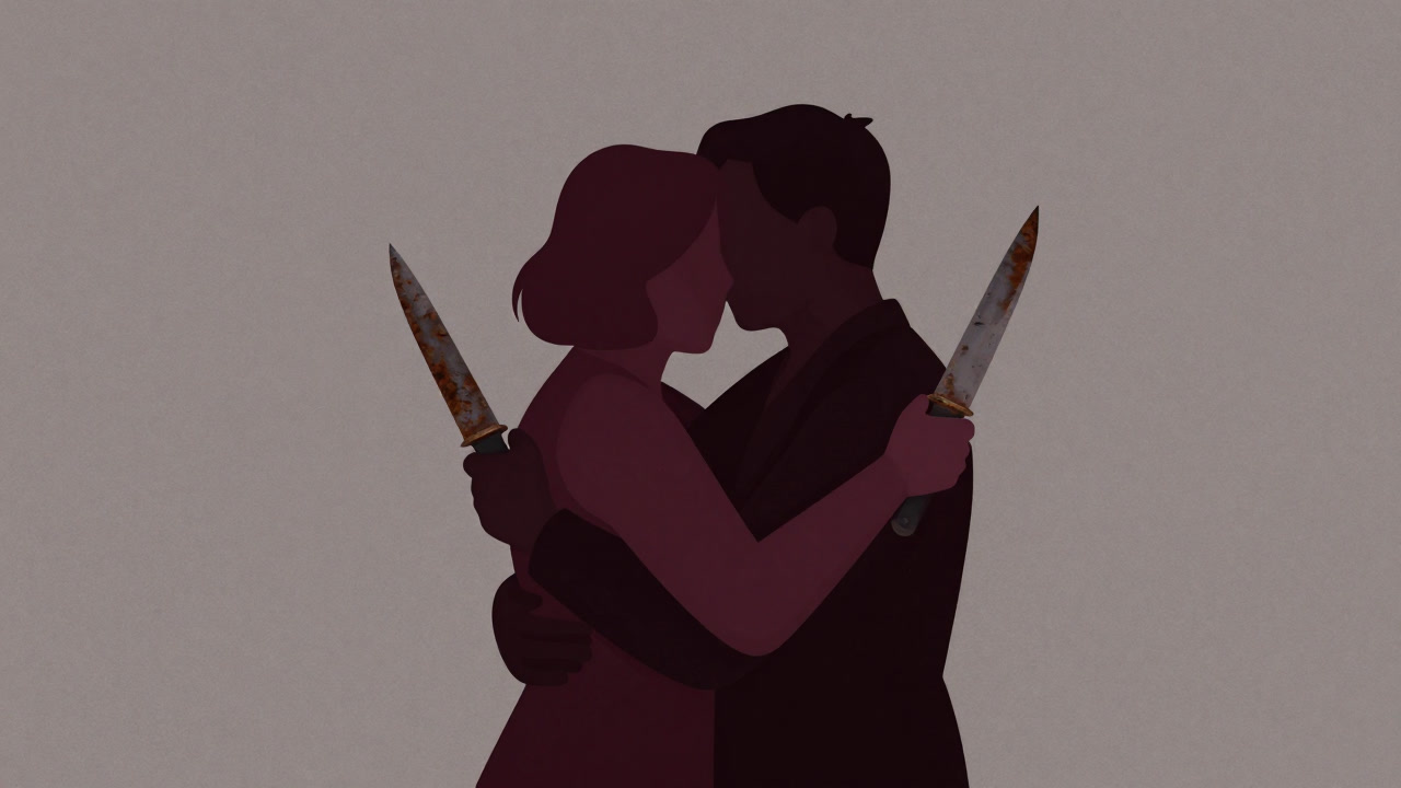 錆びたナイフを振り上げた2人が、異常なほどぎこちなく抱擁するイラスト