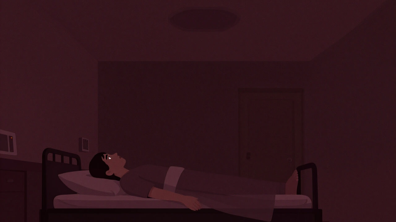ベッドの上でうつ伏せになり、虚ろな目で天井を見つめる人物のシルエット