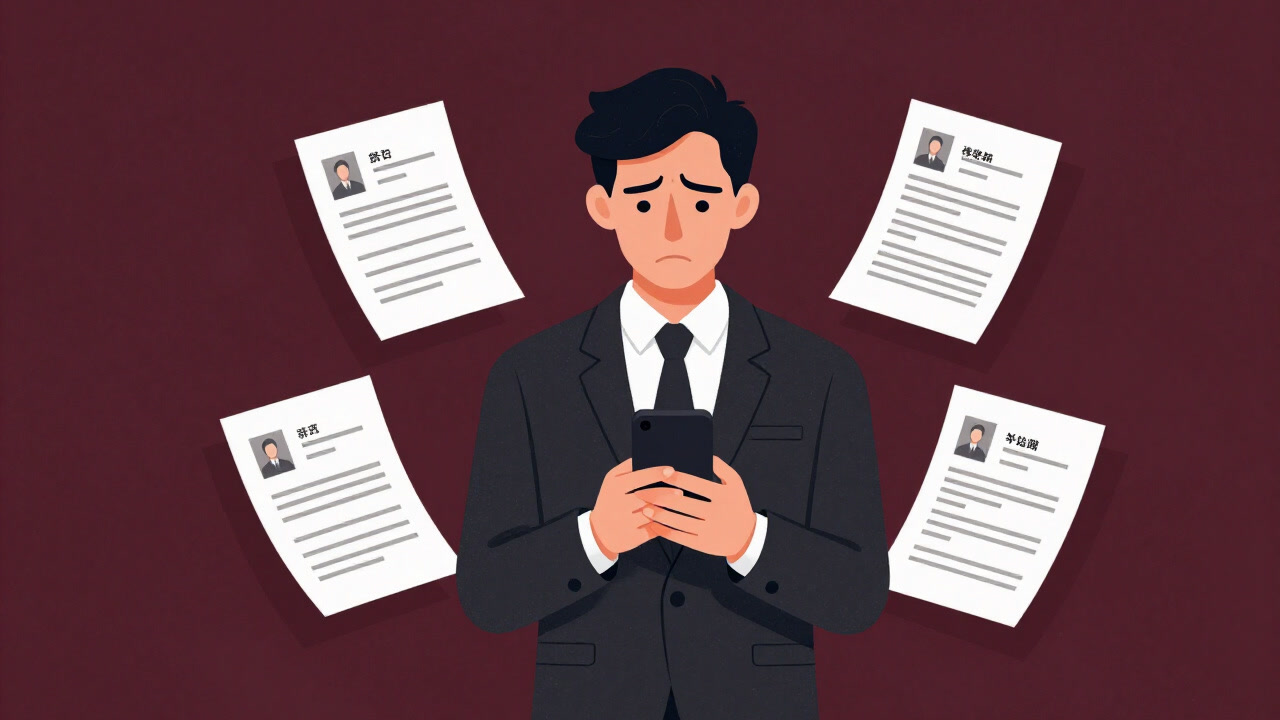 Illustration of a recruiter in a suit clutching a phone, eyes darting anxiously