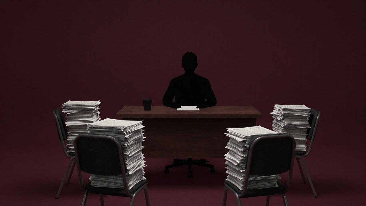面接室の椅子に並ばれた履歴書の山と、それを前にした無表情の面接官のシルエットの画像
