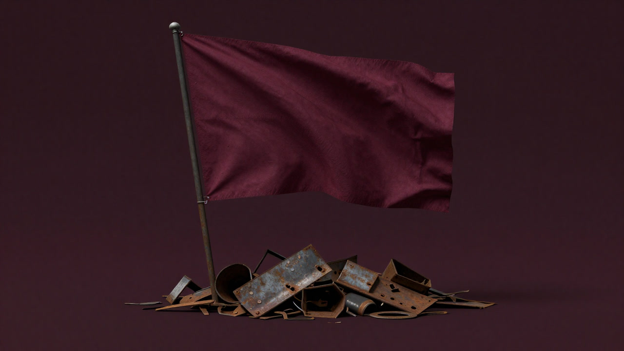 Image of piled rusted steel scraps forming a subtle environmental flag, silently protesting.