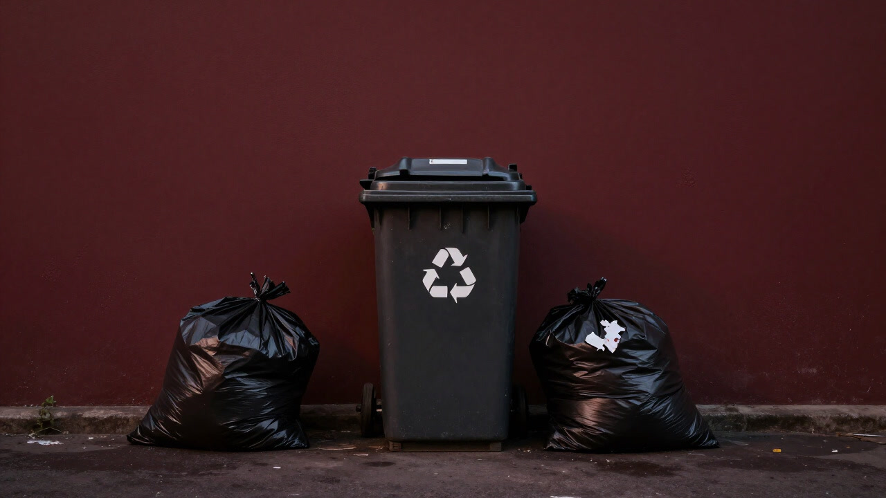 A weathered recycling bin covered in faded stickers, surrounded by trash bags looking forlorn.