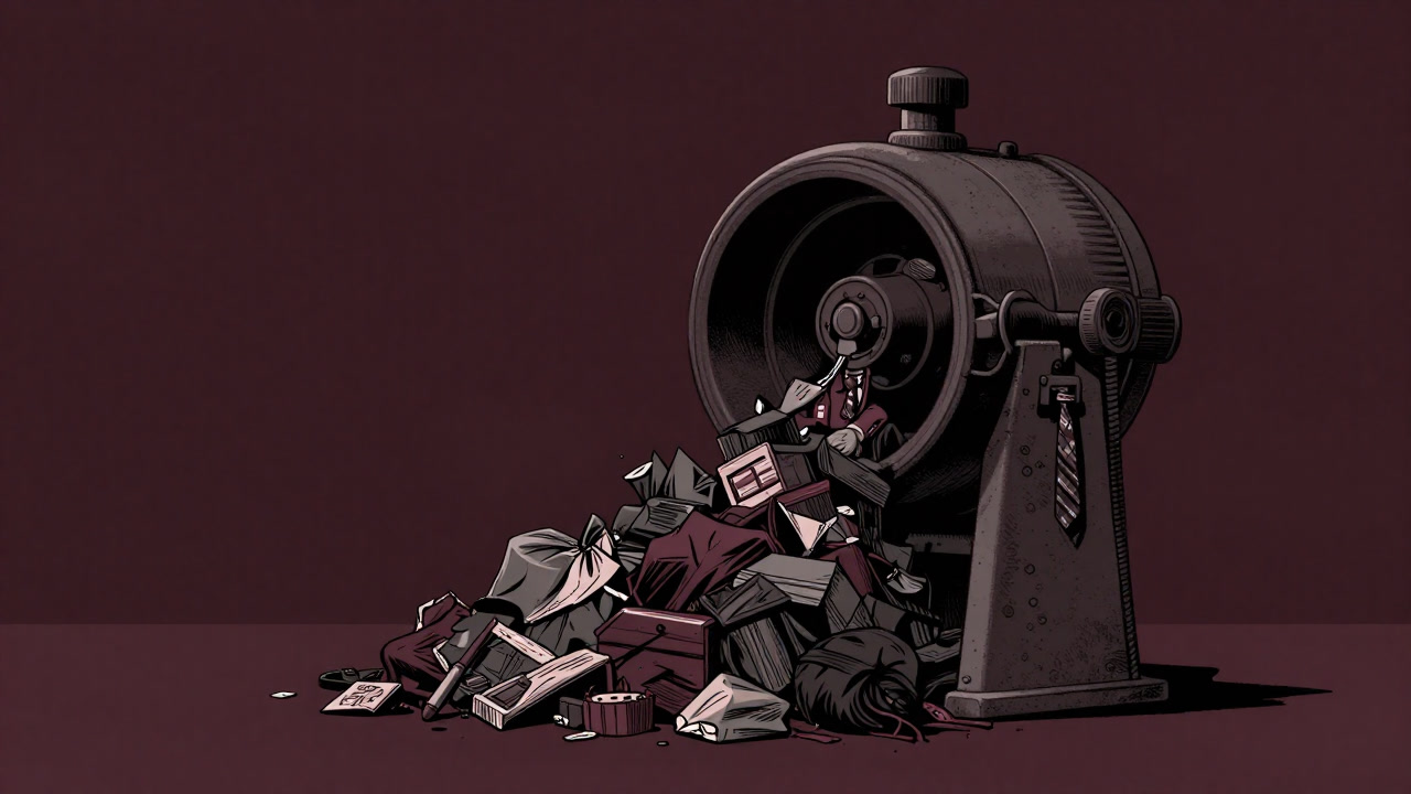 山積みの廃棄物が巨大な回転式再生炉に吸い込まれていくイラスト