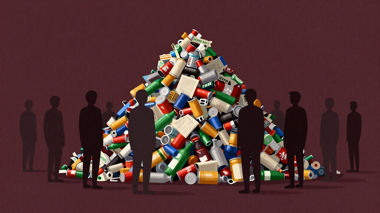 山積みのリサイクルゴミとそれを眺める無表情な人々のシルエット