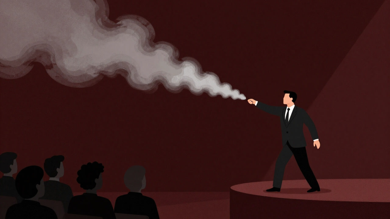 舞台袖から煙幕を投げつけ、聴衆を混乱させる演説者のシルエット。