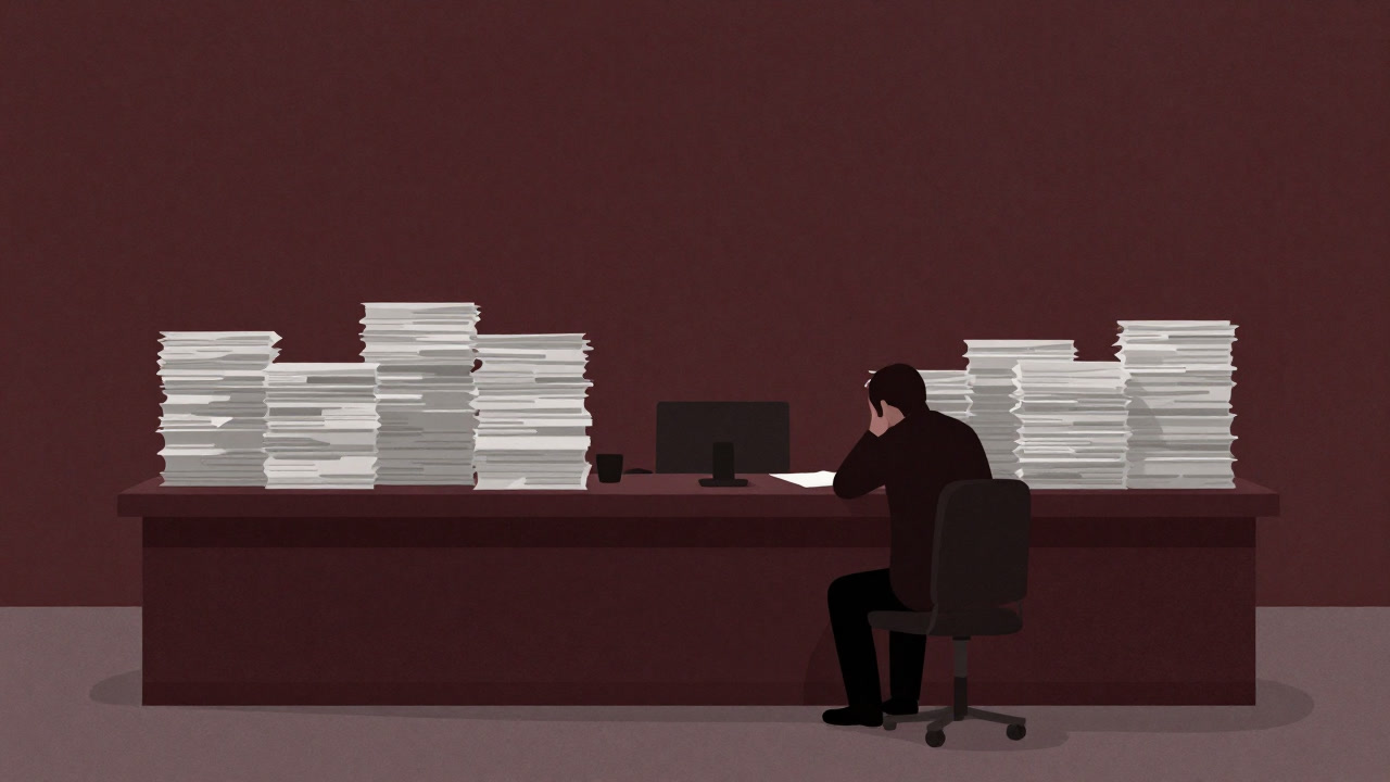 重厚な役所の窓口で山積みになった書類と閑散と横目で見る市民の影