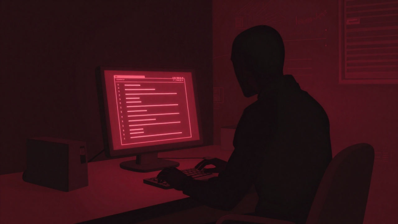 Silhouette of a mysterious figure under red lighting, staring at a console displaying a list of vulnerabilities