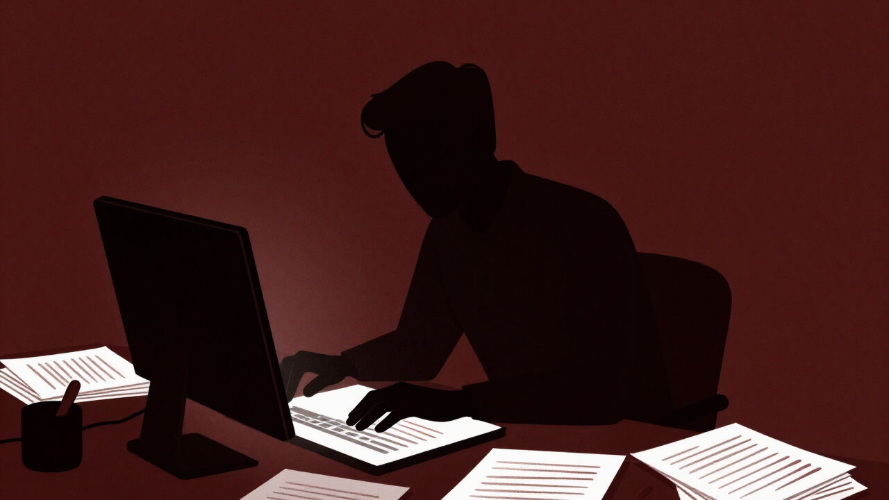 Silhouette of an editor glaring at a manuscript sprawled with red pen marks